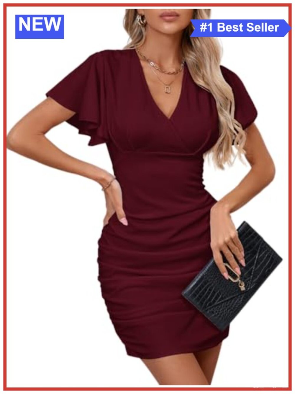 Women's Sexy V Neck Ruffle Sleeve Bodycon Mini Cocktail Party Dress